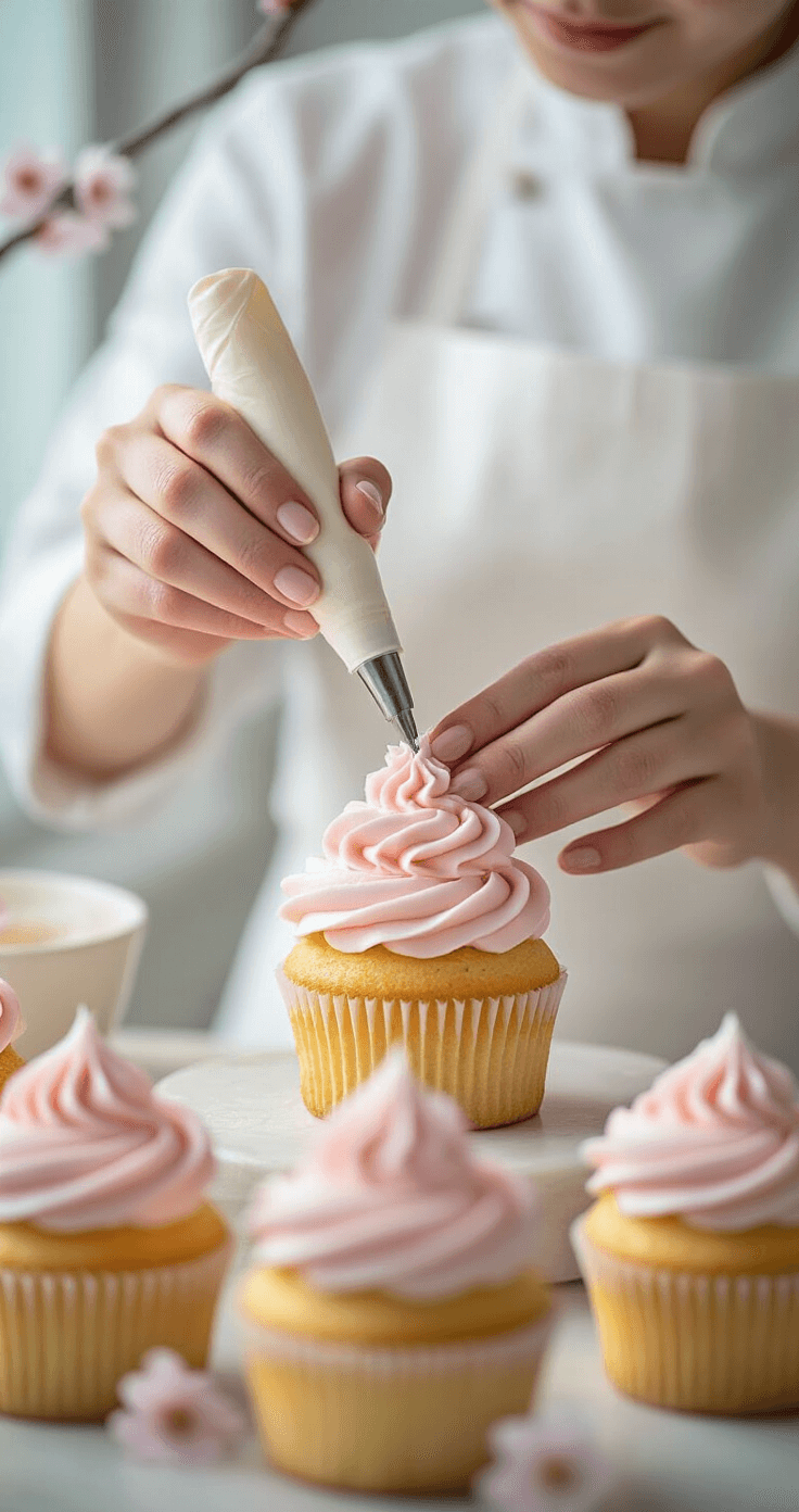 Cherry Blossom Cupcakes: Light, Fluffy Japanese-Style Treats with Delicate Floral Frosting A pastry chef's hands in a white sleeve piping pale pink sakura buttercream onto a golden cupcake, with a clean kitchen and cherry blossoms softly blurred in the background.