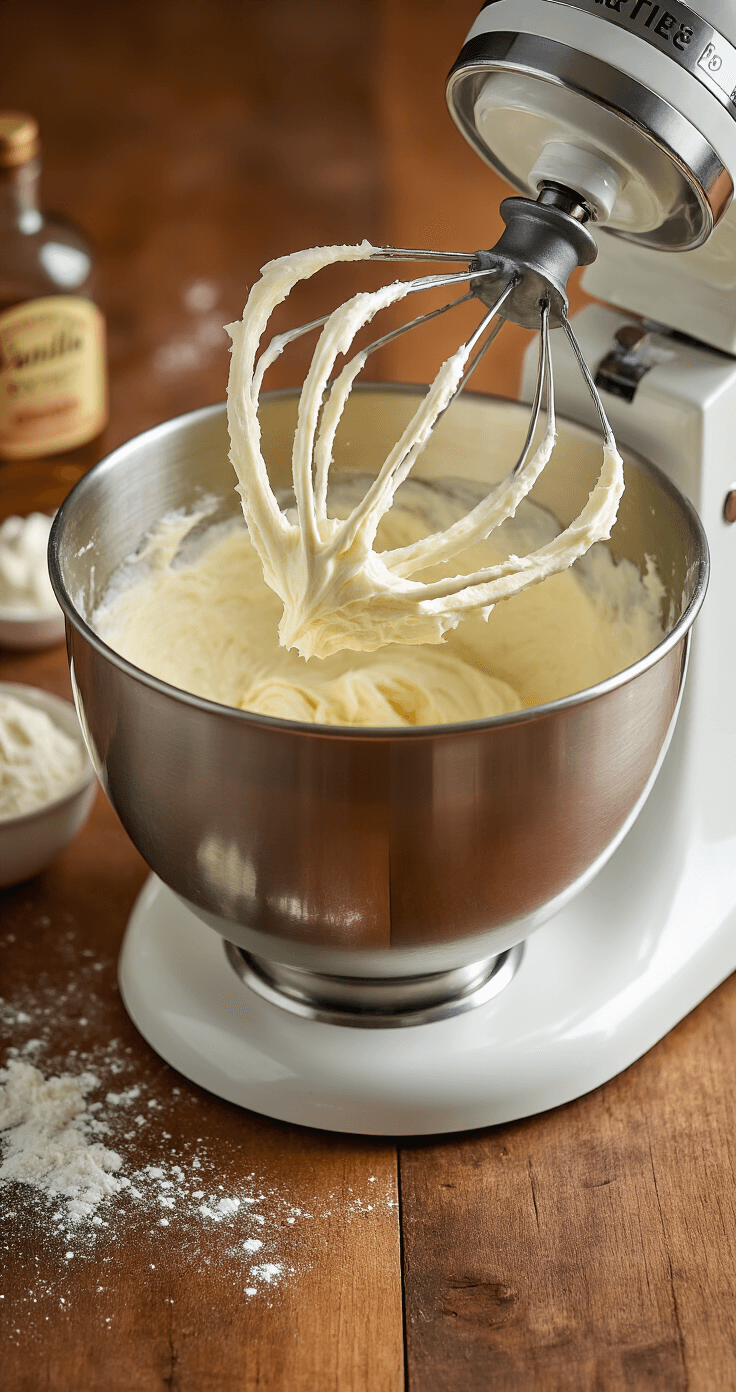 Spiced Pumpkin Layer Cake: The Ultimate Fall Showstopper Close-up of cream cheese frosting being whipped in a stainless steel stand mixer bowl, transforming from pale yellow to cloud-white, set against a cozy kitchen backdrop with warm wood tones and a vintage vanilla extract bottle.