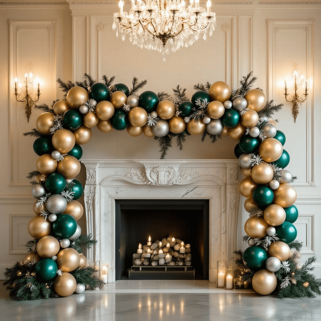 Holiday Balloons That'll Make Your Guests Actually Say "Wow" A luxurious holiday ballroom showcasing an organic balloon garland along a marble fireplace, adorned with metallic gold, deep emerald, and champagne chrome balloons, illuminated by soft candlelight and a warm overhead chandelier, creating an elegant festive atmosphere.