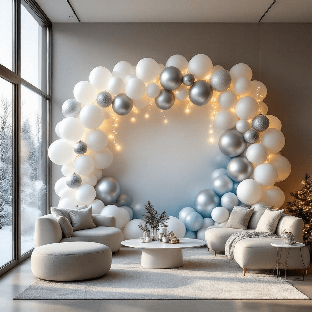 Holiday Balloons That'll Make Your Guests Actually Say "Wow" A modern living room featuring a winter wonderland balloon backdrop in gradient white, silver, and ice blue with fairy lights, floor-to-ceiling windows, and minimalist furniture adorned with silver ornaments and eucalyptus branches.