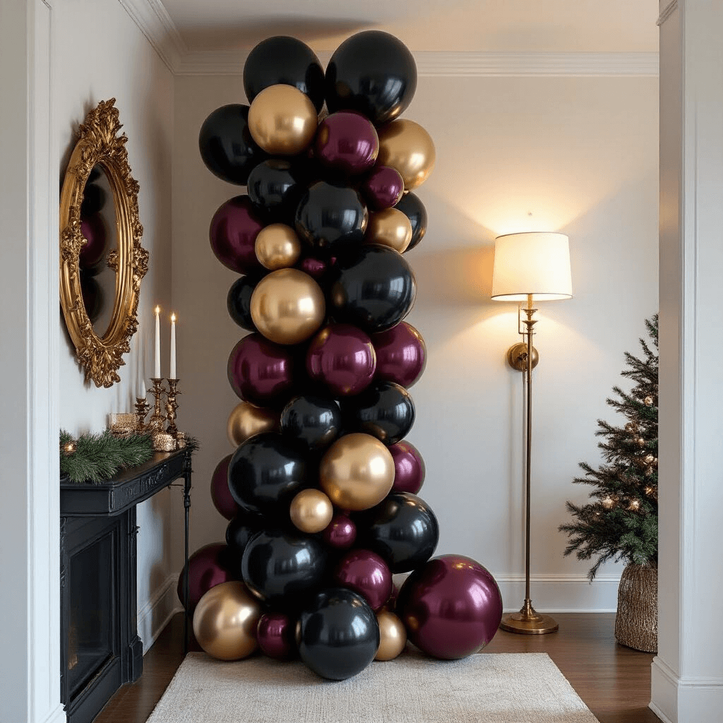 Holiday Balloons That'll Make Your Guests Actually Say "Wow" An intimate apartment entryway featuring a vertical balloon column in black, deep burgundy, and metallic gold, enhancing a corner space with festive energy, complemented by soft lighting, pine branches, and a vintage gold-framed mirror.