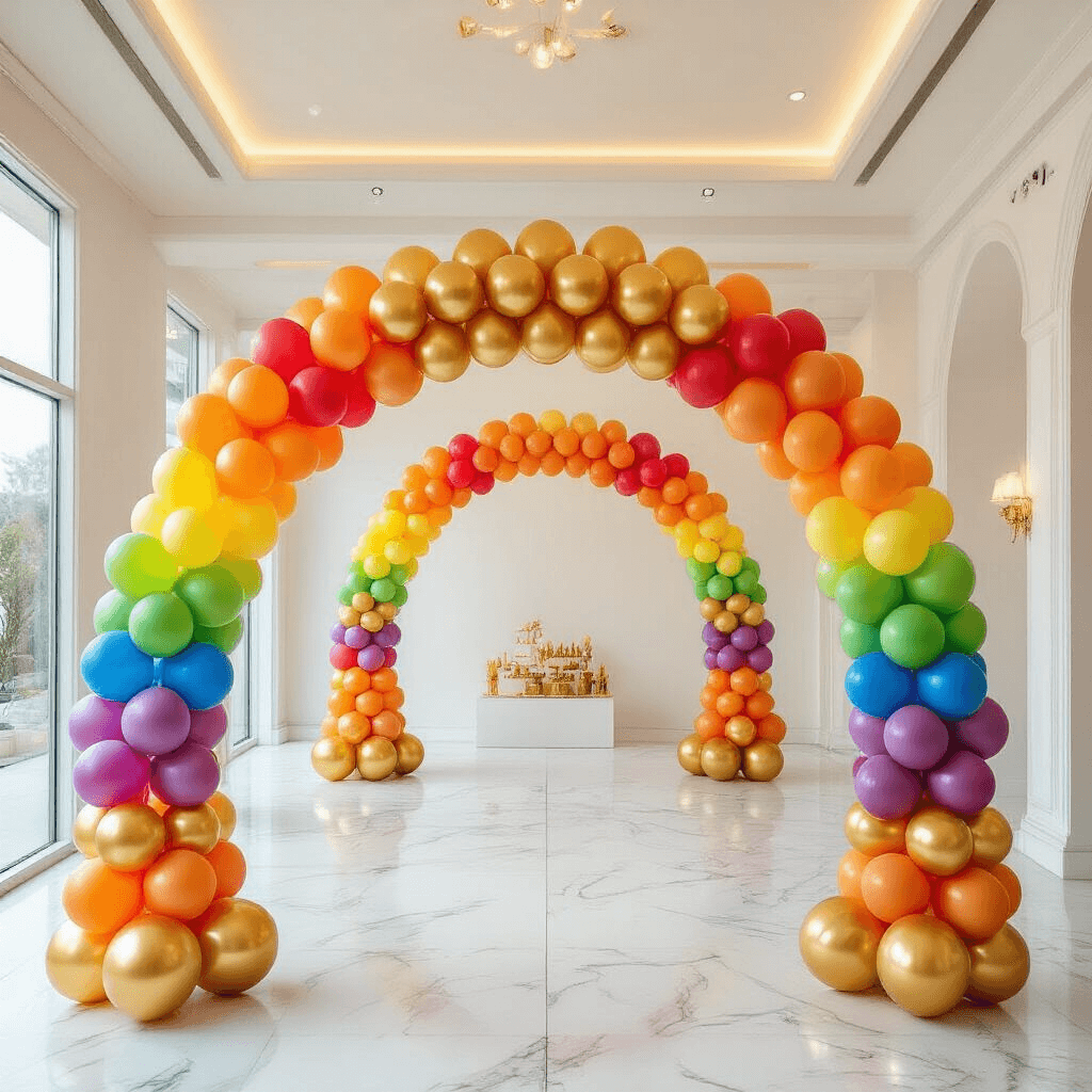 How to Create a Stunning 3 Arch Backdrop with Balloons That'll Make Your Next Party Unforgettable Overhead view of a vibrant rainbow balloon arch installation for a birthday party, featuring three interconnected arches with metallic gold accents, set against a white marble floor in a modern event space. Soft natural light highlights the balloon textures and precise cluster arrangements.