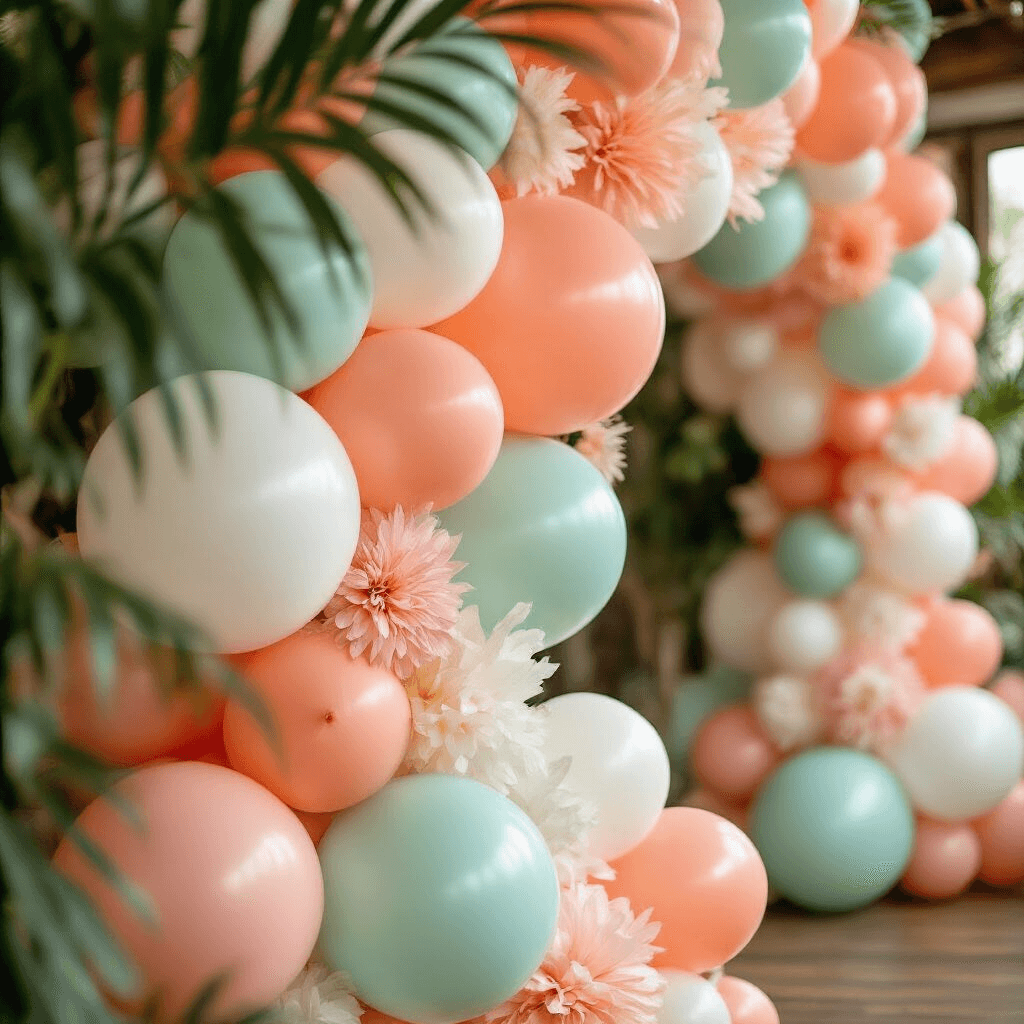 How to Create a Stunning 3 Arch Backdrop with Balloons That'll Make Your Next Party Unforgettable Close-up of a tropical-themed balloon arch backdrop with coral, peach, mint, and white balloons arranged in clusters, showcasing balloon textures and palm leaf elements, set against a rustic wooden floor with hints of greenery.