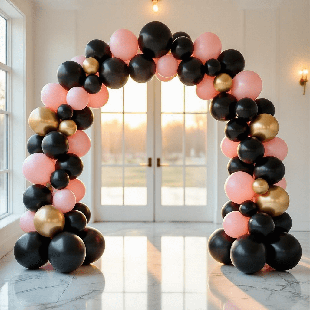 Black and Pink Balloon Decorations That'll Make Your Party Absolutely Stunning A black and pink balloon arch with metallic gold accents frames an elegant entry in a modern white-walled venue, illuminated by golden hour light, with silk ribbons cascading down and casting soft shadows on a polished marble floor.