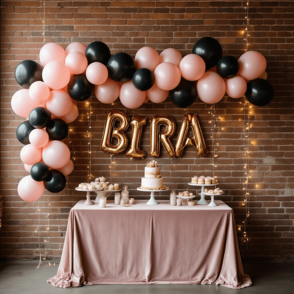 Black and Pink Balloon Decorations That'll Make Your Party Absolutely Stunning An intimate birthday celebration featuring a balloon garland of chrome pink and matte black balloons draped across a rustic exposed brick wall, with gold foil number balloons and soft fairy lights. A blush velvet tablecloth and elegant cake stand create a textured scene, illuminated by warm, moody lighting.