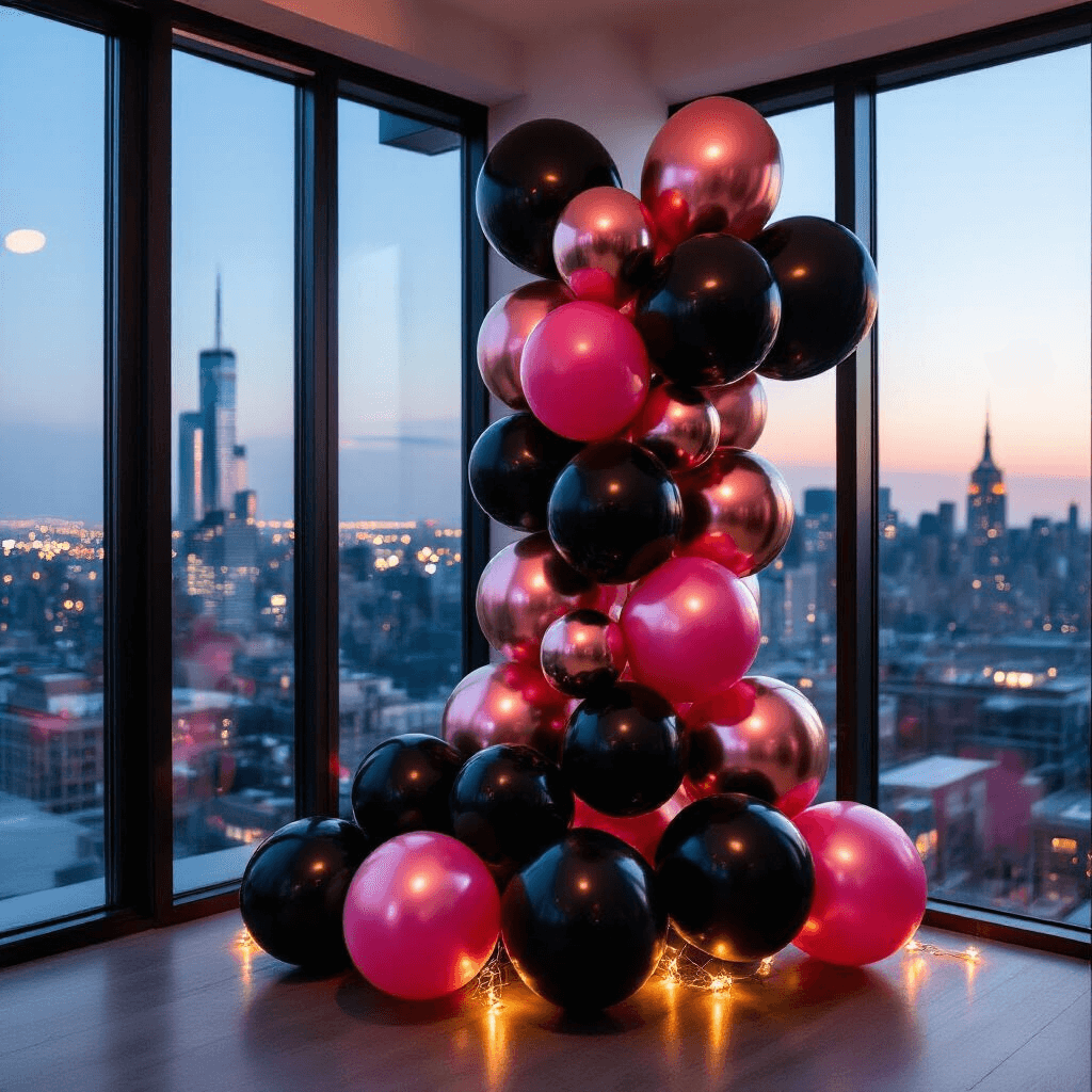 Black and Pink Balloon Decorations That'll Make Your Party Absolutely Stunning A vibrant balloon cluster for a bachelorette party, featuring metallic and matte black balloons with hot pink and rose gold accents, set against a sleek modern apartment with floor-to-ceiling windows revealing a city skyline at twilight. The installation is enhanced by LED string lights, showcasing various textures and reflective qualities.