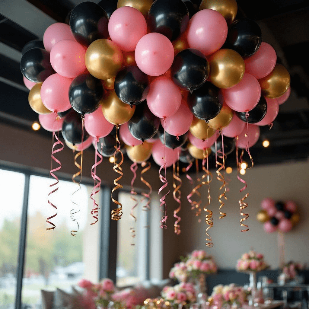 Black and Pink Balloon Decorations That'll Make Your Party Absolutely Stunning A wide-angle view of a sweet sixteen celebration featuring a ceiling installation of black, pink, and gold balloon clusters, with curled metallic ribbons and LED-lit balloons creating a magical atmosphere.