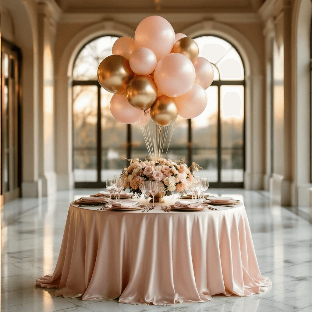 Balloon Bouquets: Everything You Need to Know About This Perfect Gift A luxurious ballroom at golden hour, featuring an elegant balloon bouquet display, blush pink silk table linens, crystal glassware, and pastel Mylar balloons, all illuminated by soft light from large arched windows.