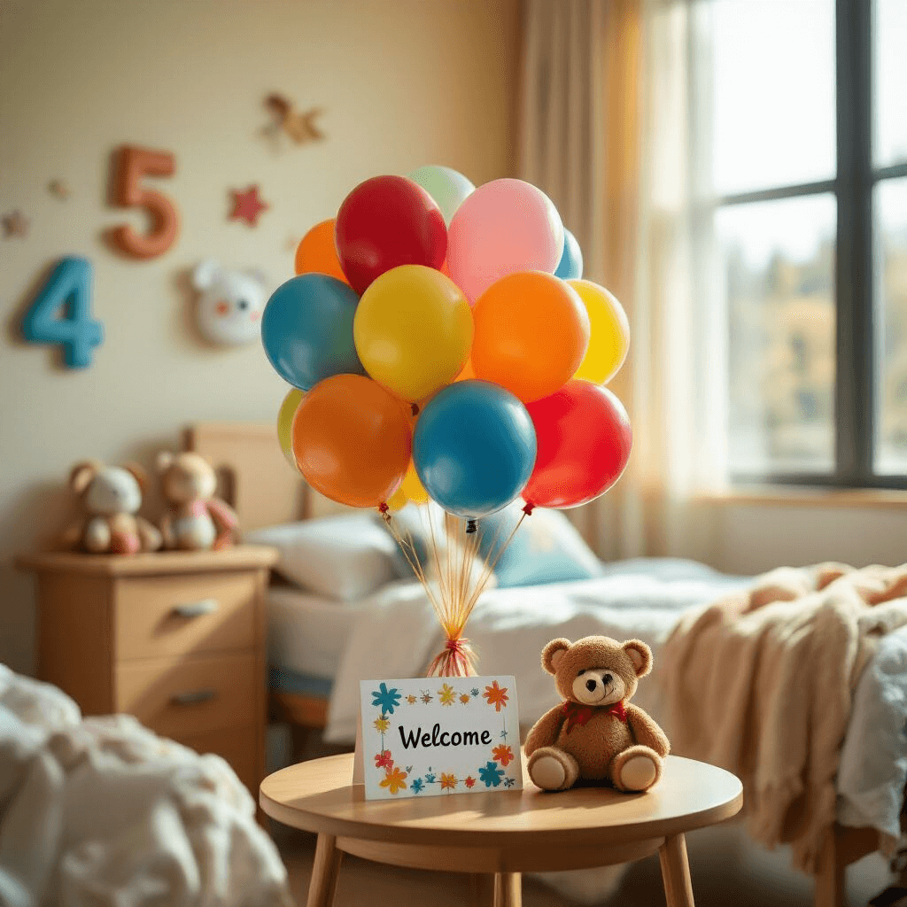 Balloon Bouquets: Everything You Need to Know About This Perfect Gift A whimsical pediatric hospital room with a cheerful balloon bouquet of colorful Mylar balloons, soft morning light, playful wall decor, and a child's bed, featuring a personalized welcome card on a wooden table surrounded by soft toys.