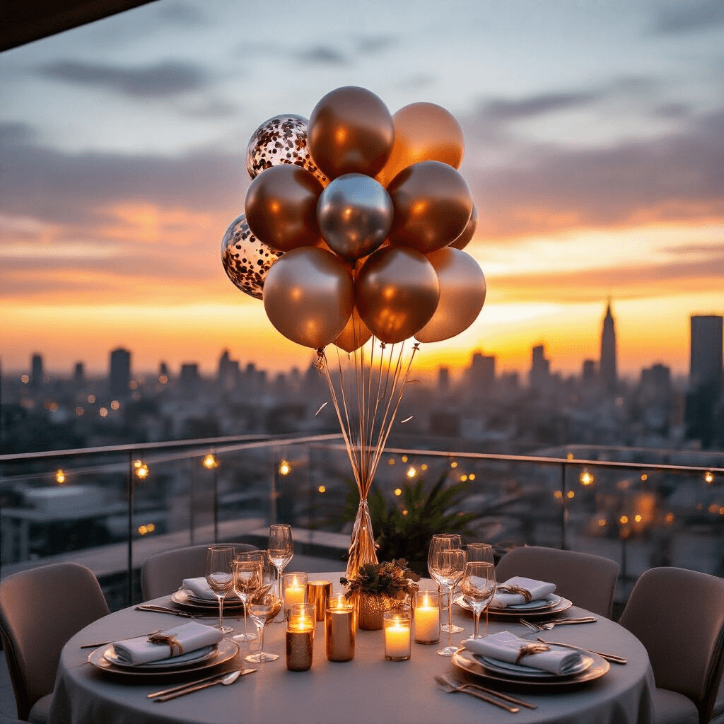 Balloon Bouquets: Everything You Need to Know About This Perfect Gift Rooftop terrace celebration at sunset featuring a stylish balloon bouquet, modern neutral furniture, glass railing, curated table setting with rose gold accents, and ambient fairy lights, all overlooking a city skyline.