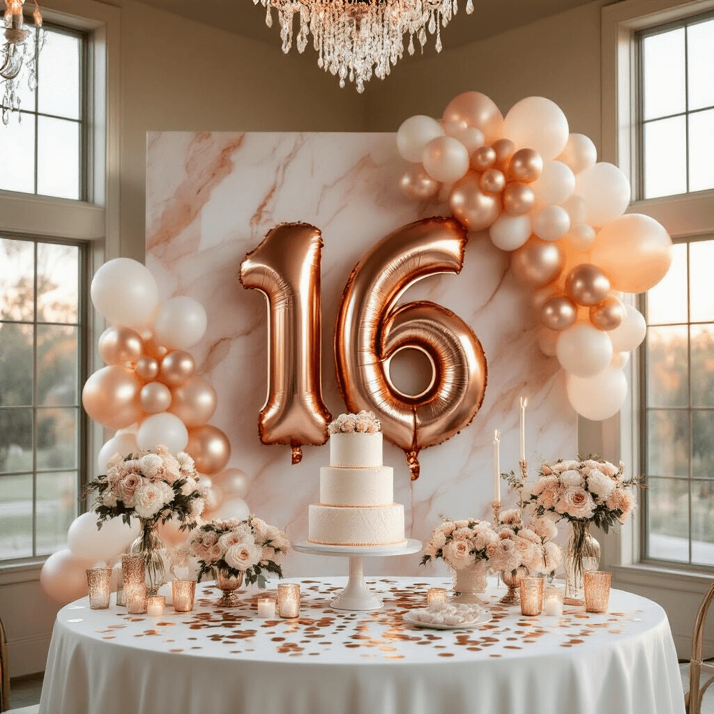 Sweet 16 Party Balloons: Your Complete Guide to Number 16 Balloon Decorations A luxurious Sweet 16 party setup with large rose gold number 16 balloons against a marble backdrop, a beautifully styled dessert table with a three-tier cake, and elegant lighting from chandeliers and fairy lights, creating a dreamy atmosphere.