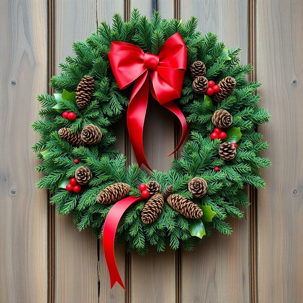 50 Stunning Christmas Wreaths to Decorate Your Home This Holiday Season A traditional Christmas wreath made of evergreen branches, pine cones, and red ribbon, hanging on a wooden door. Christmas Wreaths