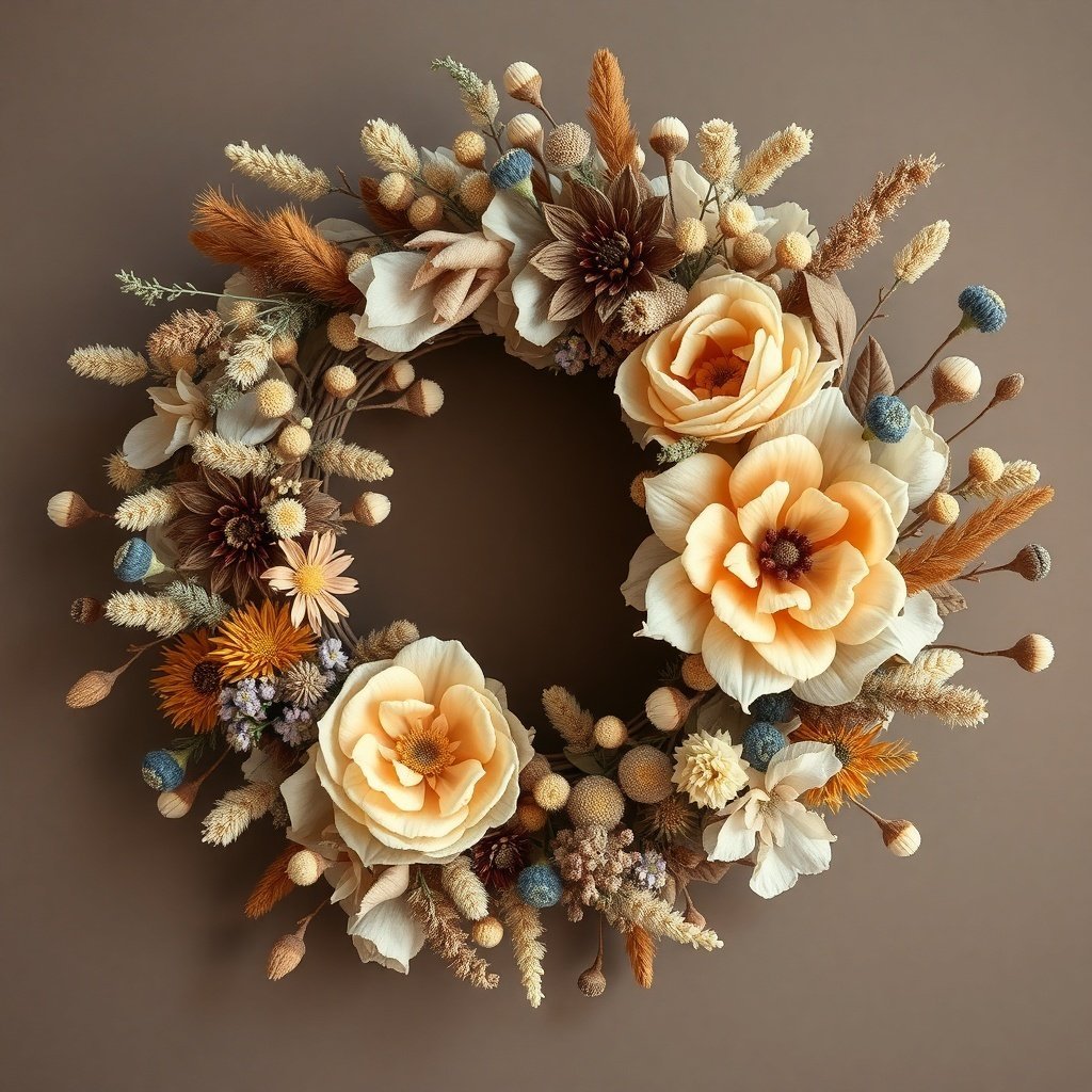 50 Stunning Christmas Wreaths to Decorate Your Home This Holiday Season A natural dried flower wreath featuring cream and gold flowers with blue accents on a neutral background.