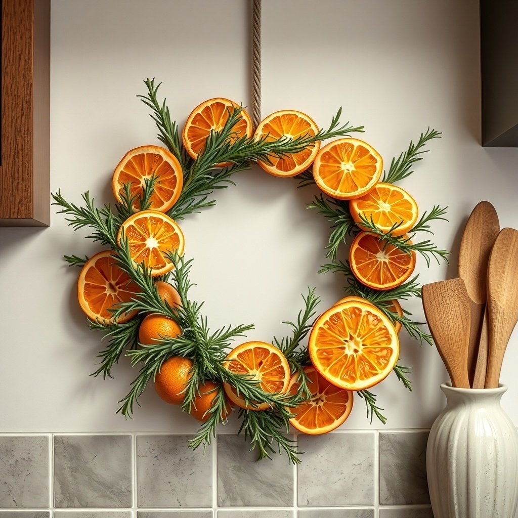 50 Stunning Christmas Wreaths to Decorate Your Home This Holiday Season A Christmas wreath made of orange slices and rosemary, hanging on a wall.