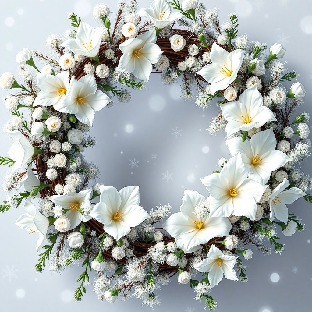 50 Stunning Christmas Wreaths to Decorate Your Home This Holiday Season A beautiful Christmas wreath featuring white flowers and greenery on a snowy background.