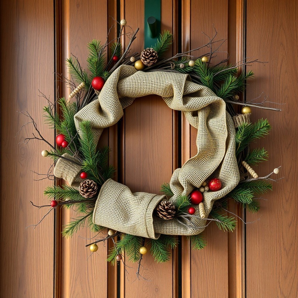 50 Stunning Christmas Wreaths to Decorate Your Home This Holiday Season A rustic Christmas wreath made of burlap, pine branches, and ornaments, hanging on a wooden door.
