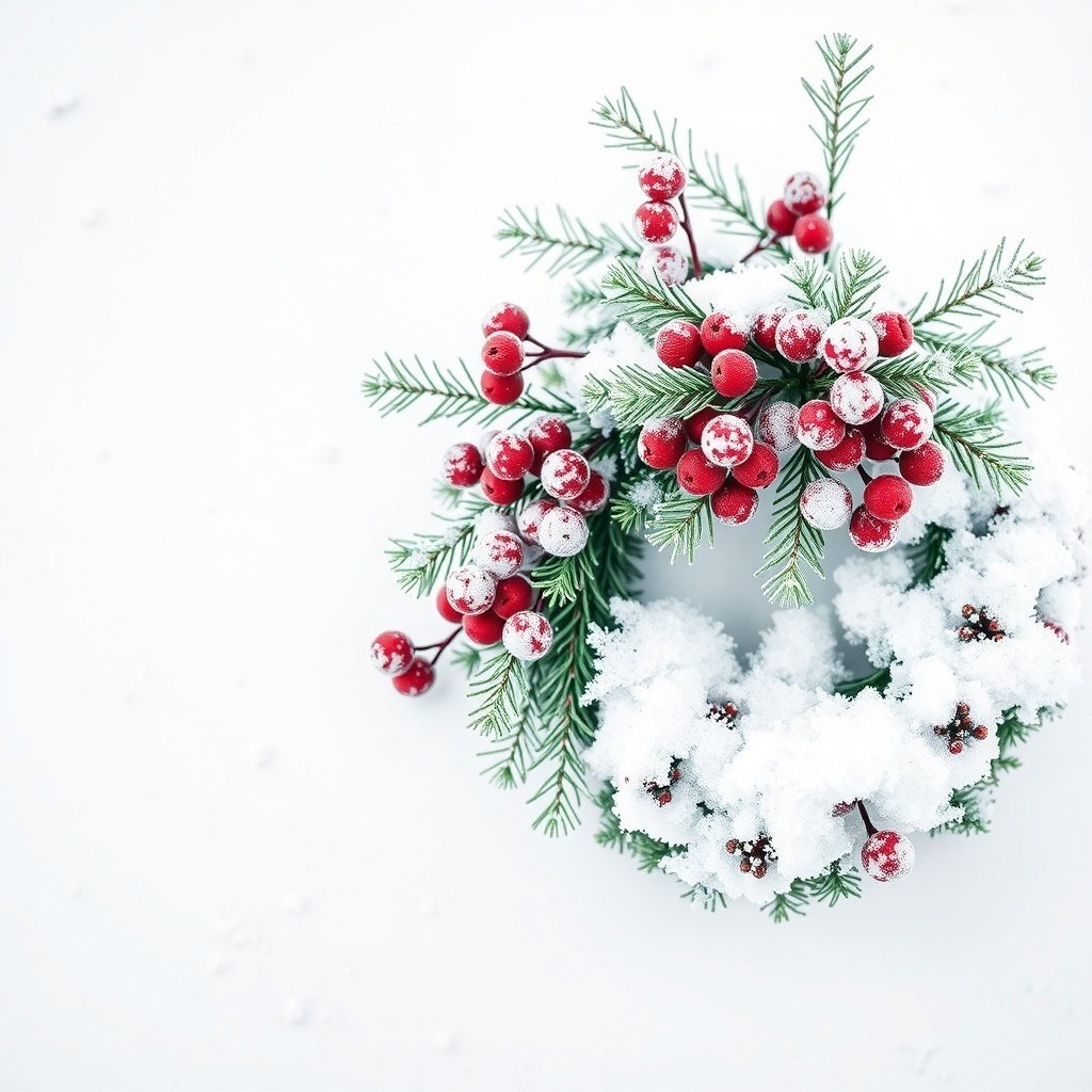 50 Stunning Christmas Wreaths to Decorate Your Home This Holiday Season A frosted berry and pine wreath with red berries and green pine needles, set against a snowy background.