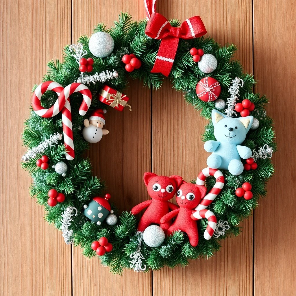 50 Stunning Christmas Wreaths to Decorate Your Home This Holiday Season A whimsical Christmas wreath featuring plush toys, candy canes, and colorful ornaments.