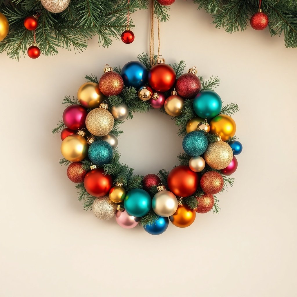 50 Stunning Christmas Wreaths to Decorate Your Home This Holiday Season A vibrant Christmas wreath decorated with colorful ornaments in red, blue, gold, and pink.