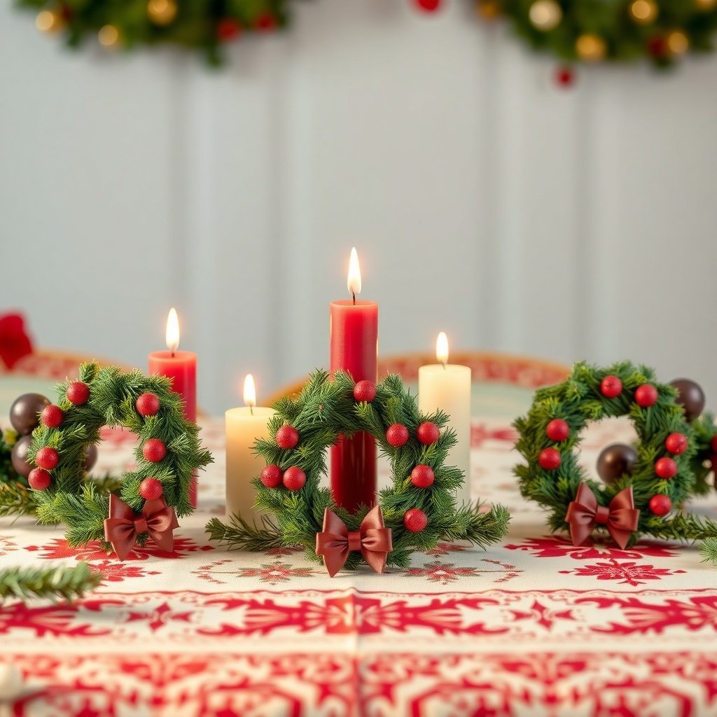 50 Stunning Christmas Wreaths to Decorate Your Home This Holiday Season Mini Christmas wreaths with red berries and bows on a festive table with candles