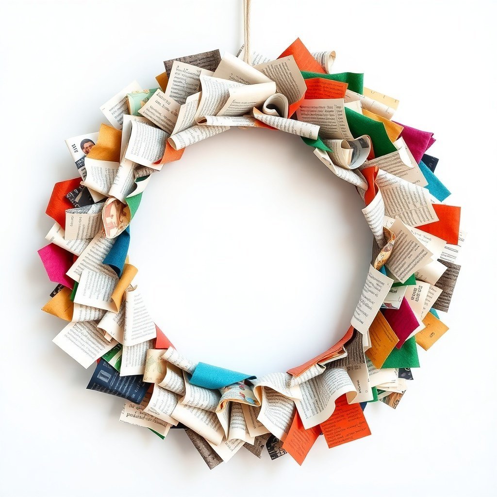 50 Stunning Christmas Wreaths to Decorate Your Home This Holiday Season A colorful Christmas wreath made from recycled book pages and felt