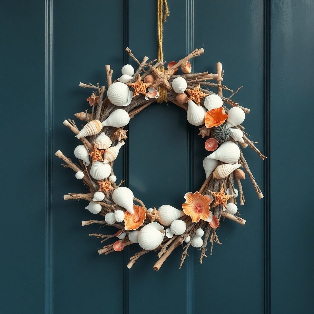 50 Stunning Christmas Wreaths to Decorate Your Home This Holiday Season A coastal holiday wreath made of shells and twigs, hanging on a blue door.