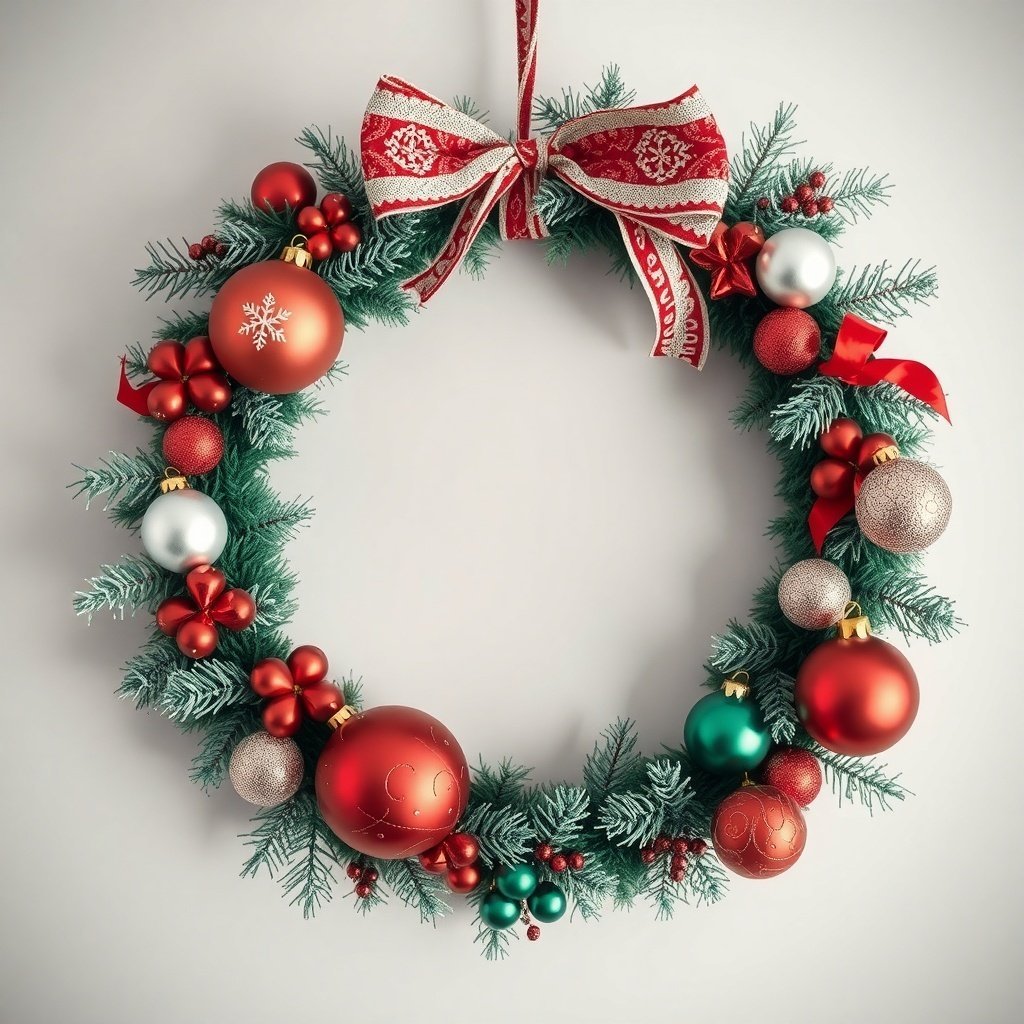 50 Stunning Christmas Wreaths to Decorate Your Home This Holiday Season A vintage Christmas wreath decorated with red and green ornaments and a festive ribbon.