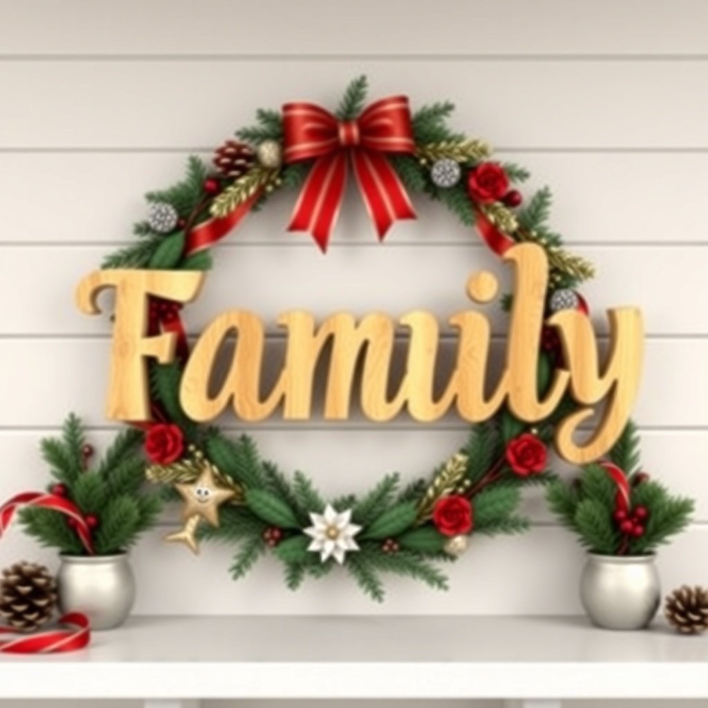 50 Stunning Christmas Wreaths to Decorate Your Home This Holiday Season A Christmas wreath with the word 'Family' in wooden letters, decorated with red roses, greenery, and ornaments.