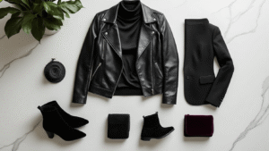 How to Style Monochrome All-Black Outfits That Actually Look Intentional (Not Like You Forgot to Do Laundry) Sophisticated all-black monochrome outfit flatlay featuring a leather jacket, silk turtleneck, wool blazer, black denim jeans, suede ankle boots, and velvet accessories on a clean white marble surface, highlighted by warm natural side lighting.