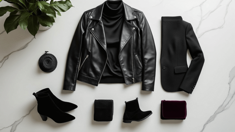 How to Style Monochrome All-Black Outfits That Actually Look Intentional (Not Like You Forgot to Do Laundry) Sophisticated all-black monochrome outfit flatlay featuring a leather jacket, silk turtleneck, wool blazer, black denim jeans, suede ankle boots, and velvet accessories on a clean white marble surface, highlighted by warm natural side lighting.