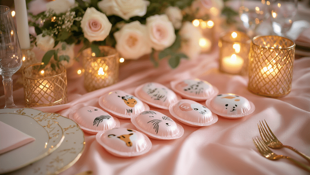 Condom Gift Ideas That'll Make Everyone Laugh (And Actually Get Used) Elegant bachelorette party tablescape with blush pink silk linens adorned with hand-painted novelty condoms featuring animal designs, delicate white rose floral centerpieces, gold geometric candle holders, and soft fairy lights, captured from above with a shallow depth of field.