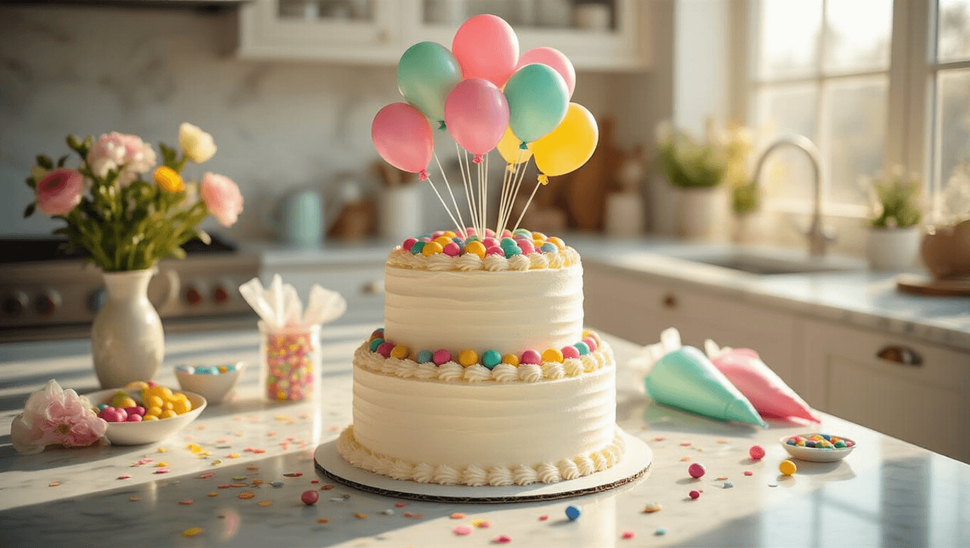 Three-tier white buttercream cake with colorful candy balloon toppers on a marble countertop, surrounded by fresh flowers and edible confetti, illuminated by golden hour sunlight.