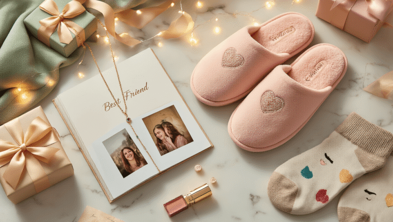 The Best Birthday Gifts for Your Bestie That'll Actually Make Them Cry Happy Tears Cinematic flat-lay of best friend birthday gifts on a warm marble surface, featuring a delicate birthstone necklace, blush pink memory foam slippers, an opened custom photo book, personalized photo socks, reflective lip gloss, elegantly wrapped presents with silk ribbons, scattered handwritten cards, and fairy lights, all under soft golden hour lighting with cozy textures and a pastel color palette.
