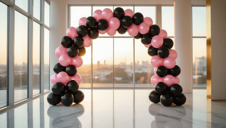Black and Pink Balloon Decorations That'll Make Your Party Absolutely Stunning Cinematic view of a black and pink balloon arch in a modern white venue, enhanced by golden hour lighting, featuring chrome and matte balloons, metallic gold ribbons, and warm ambient lighting that creates an elegant and celebratory atmosphere.