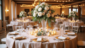 How to Decorate Round Wedding Tables That'll Make Your Guests Say "Wow" Elegantly decorated round wedding table with blush linens, crystal vases of garden roses, golden chargers, and soft candlelight, captured in warm, romantic lighting.