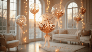 Bobo Balloons: Everything You Need to Know About These Clear Party Showstoppers Elegant party setup with crystal-clear bobo balloons filled with rose gold confetti and warm LED lights, suspended with ivory satin ribbons, illuminated by golden hour light, featuring luxurious white furniture and a sophisticated color palette.