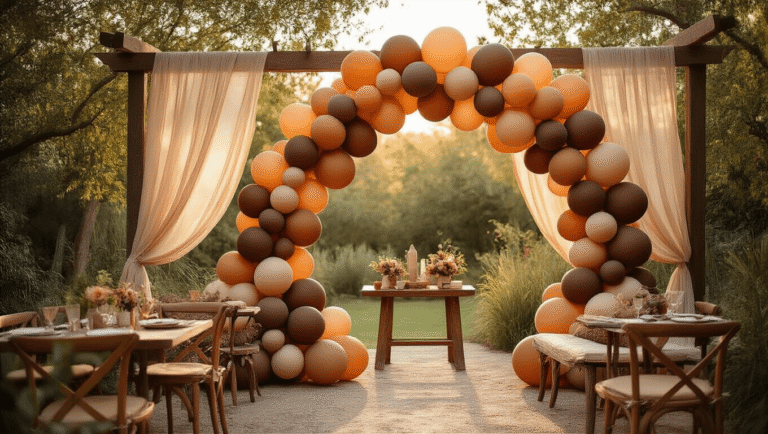 Brown Balloons Are Everywhere Now—Here's Where I Actually Found The Best Ones Cinematic wide-angle view of an elegant boho bridal shower featuring a gradient brown balloon arch, rustic wooden furniture, and flowing linen drapes, all bathed in warm golden hour lighting.