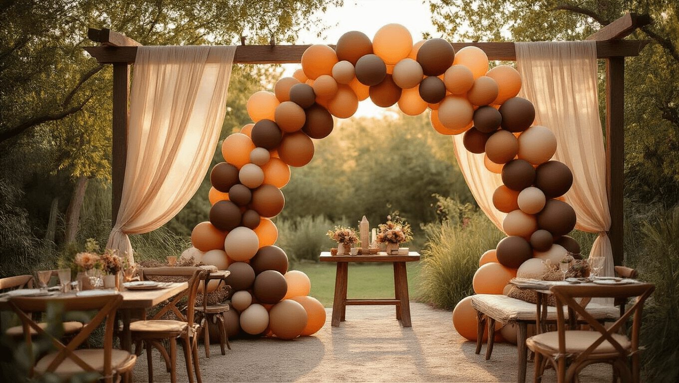 Cinematic wide-angle view of an elegant boho bridal shower featuring a gradient brown balloon arch, rustic wooden furniture, and flowing linen drapes, all bathed in warm golden hour lighting.