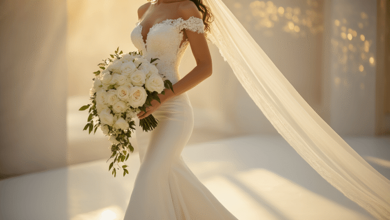 How Long Should You Actually Walk Down the Aisle? (And Why It Matters More Than You Think) Bride in ivory silk wedding gown walking down a minimalist white aisle at golden hour, holding a cascading white rose bouquet, with soft sunlight creating warm light patterns on the fabric.