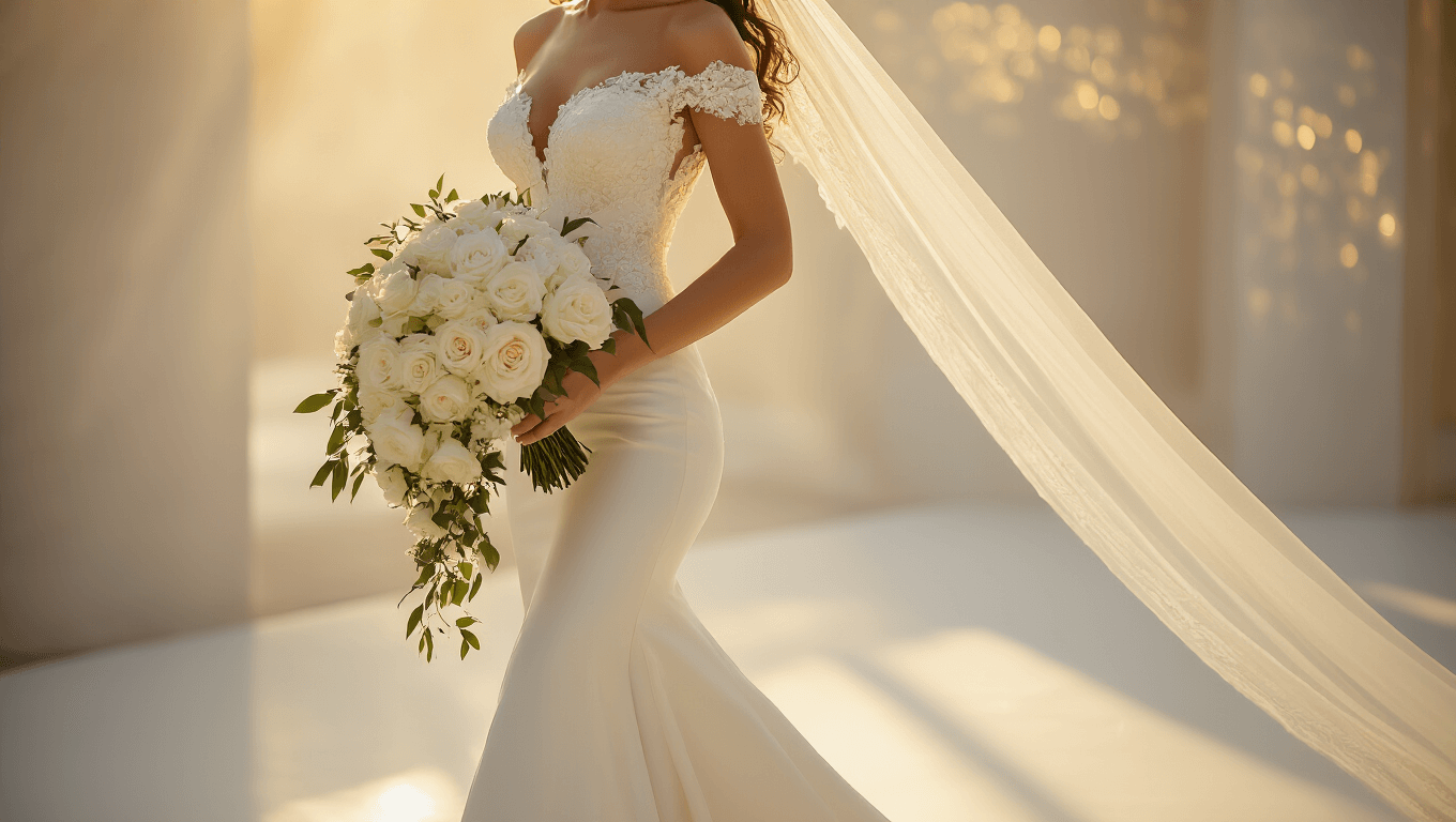 Bride in ivory silk wedding gown walking down a minimalist white aisle at golden hour, holding a cascading white rose bouquet, with soft sunlight creating warm light patterns on the fabric.