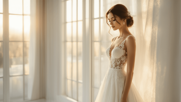 How Long Does It Take to Get Wedding Photos Back? Real Timelines from a Former Bride Bride in an elegant ivory silk lace dress near tall floor-to-ceiling windows, illuminated by warm golden hour light in a minimalist white studio, creating a soft, romantic atmosphere.