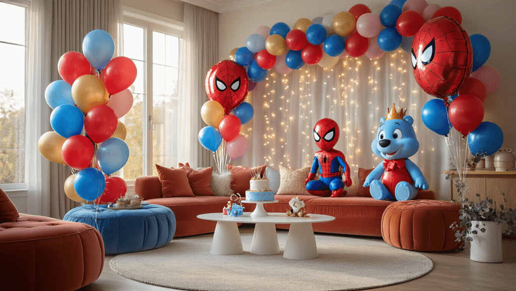 Cartoon Balloons: Your Ultimate Guide to Creating Magical Party Moments A vibrant modern living room transformed into a magical party space, featuring clusters of colorful Spider-Man, Bluey, and Disney princess balloons, with soft golden hour lighting, a white cake stand, balloon garland backdrop, velvet cushions, marble surfaces, fairy lights, and eucalyptus accents, creating an inviting atmosphere.