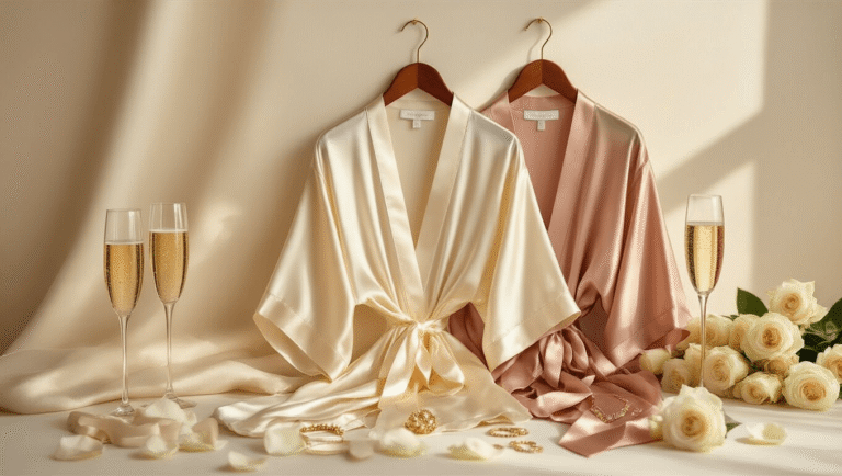 How Many Bridesmaids Should You Actually Have? Let's Talk Real Numbers Champagne and blush silk robes elegantly displayed on wooden hangers with champagne flutes, rose petals, gold jewelry, and personalized hangers on a soft cream background, illuminated by warm natural light.