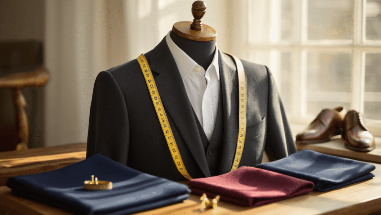 How Long to Get Suit Tailored: Real Timelines You Need to Know A charcoal gray wool suit jacket draped on a wooden tailor's form, with a vintage measuring tape and textile swatches nearby, illuminated by warm sunlight on a clean white background.