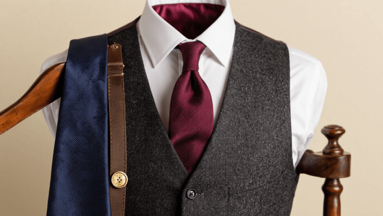 Achieving the Perfect Tailored Waistcoat Look A charcoal gray wool waistcoat with burgundy silk lining on a vintage valet stand, accompanied by a white dress shirt, navy tie, and brass collar stays, all illuminated by soft golden hour light against a clean ivory background.