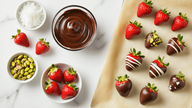 Chocolate-Dipped Strawberries: The Easiest Impressive Dessert You'll Ever Make Cinematic overhead view of a chocolate-dipped strawberry preparation station with dark chocolate in a bowl, fresh strawberries, and toppings on a white marble surface, creating an inviting atmosphere.