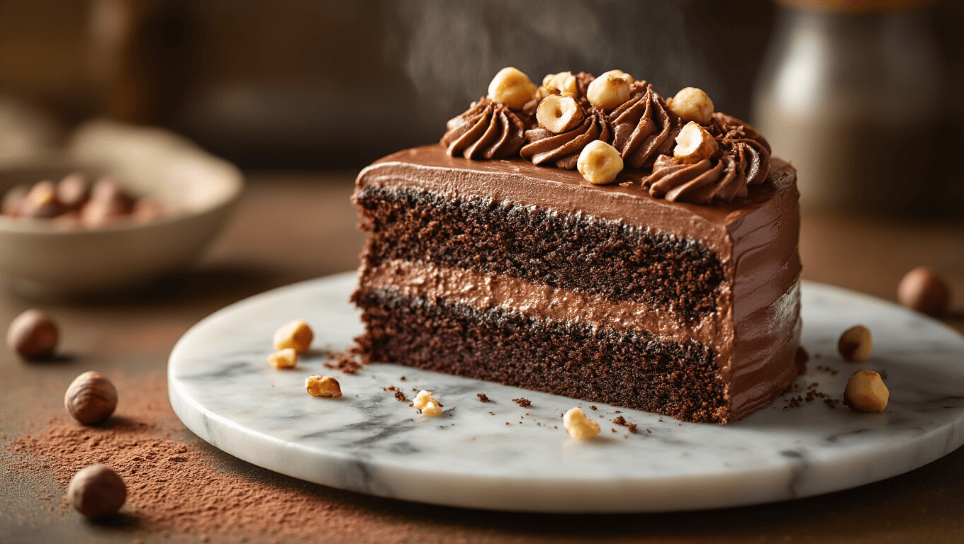 Cinematic close-up of a decadent chocolate hazelnut cake with creamy Nutella frosting and toasted hazelnuts on a marble plate, featuring warm golden lighting, steam rising, and a rustic kitchen background with cocoa powder dusting and melted chocolate drizzle.