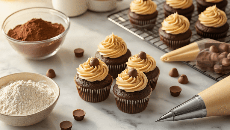 Chocolate Peanut Butter Cupcakes: The Ultimate Indulgent Recipe Overhead view of rich chocolate cupcakes with creamy peanut butter frosting, surrounded by cocoa powder, flour, buttermilk, eggs, and mini peanut butter cups on a marble countertop, bathed in warm golden hour light.