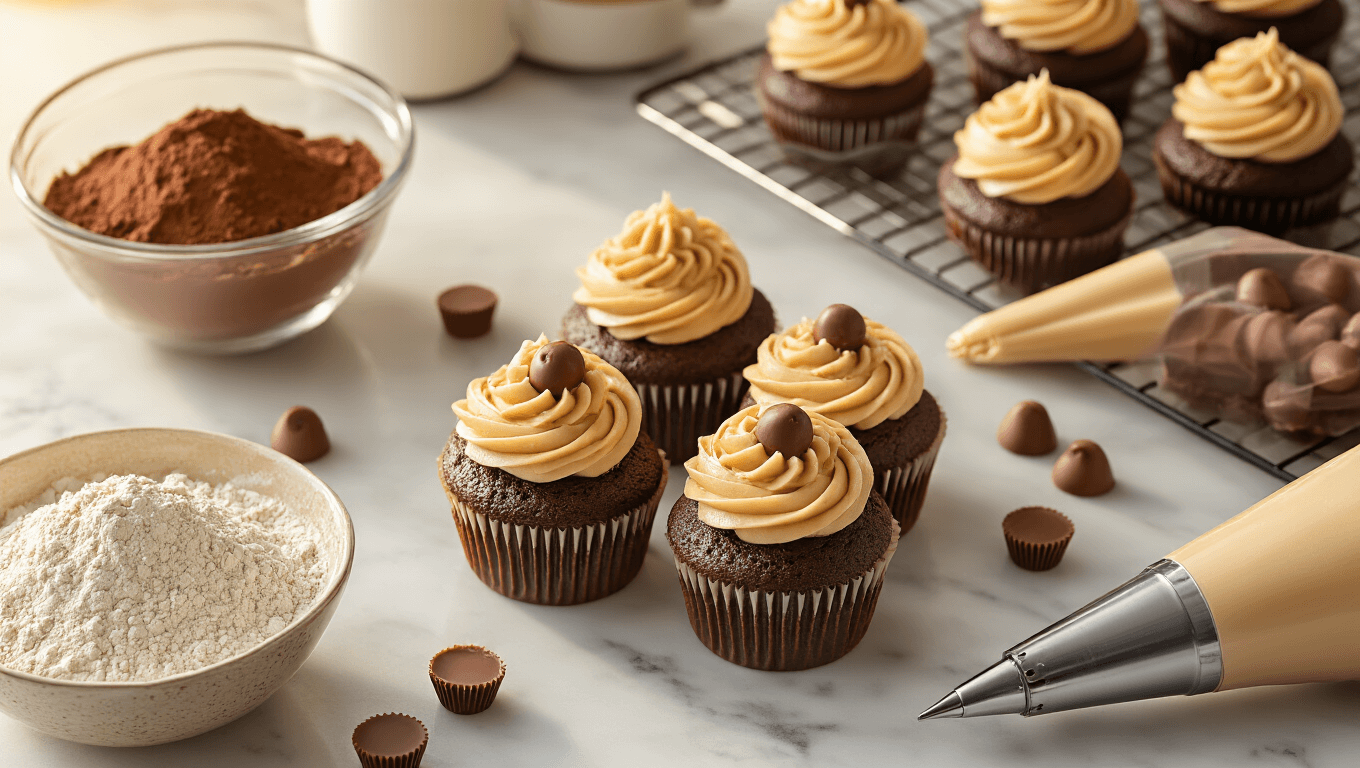 Overhead view of rich chocolate cupcakes with creamy peanut butter frosting, surrounded by cocoa powder, flour, buttermilk, eggs, and mini peanut butter cups on a marble countertop, bathed in warm golden hour light.