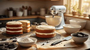 Cookies and Cream Layer Cake A warm-lit kitchen counter with three vanilla cake layers cooling on wire racks, a bowl of fluffy white buttercream, and scattered Oreo cookie crumbs, creating a cozy baking atmosphere.